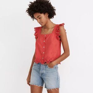 Madewell Eyelet Ruffle-Strap Button-Up Tank Top, size XS